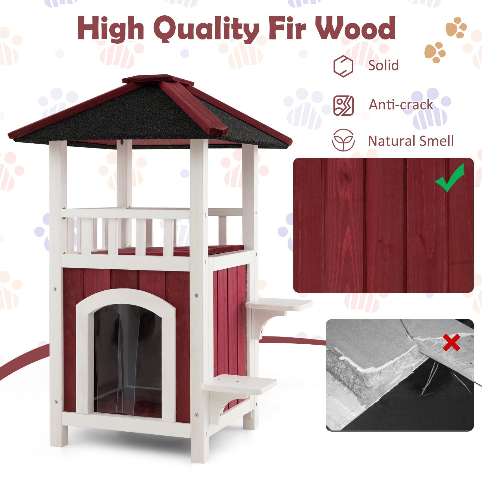 2-Story Wooden Cat House with Asphalt Roof Balcony and Rain Curtain