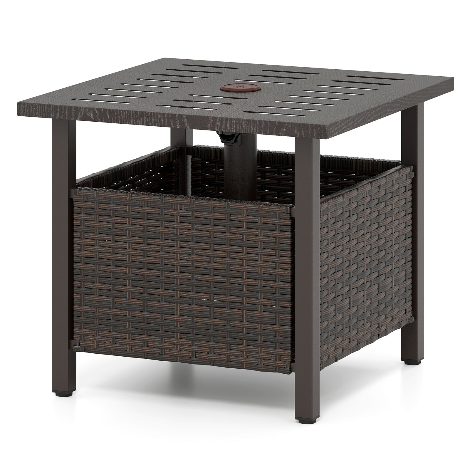 Outdoor Side Table All-Weather PE Wicker Patio Table with Umbrella Hole