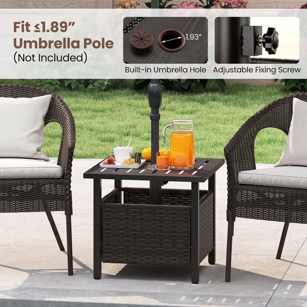 Outdoor Side Table All-Weather PE Wicker Patio Table with Umbrella Hole