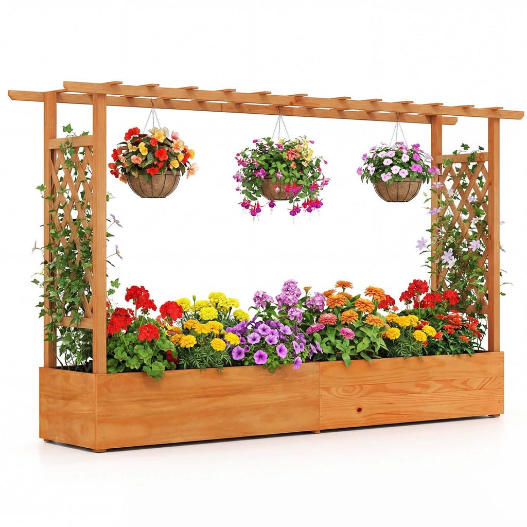 Raised Garden Bed Planter Box with Lattice Trellis Drainage Holes