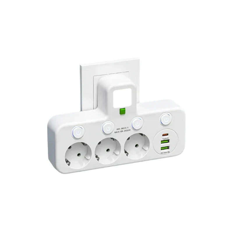 3-Way Socket Splitter with Dual USB Ports