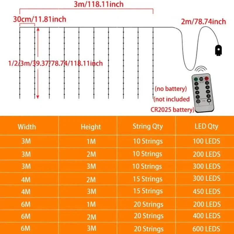 LED Curtain Garland 6x3M/3x3M USB Power Fairy Lights with Remote Control for Christmas New Year Window Decor Festoon Lighting
