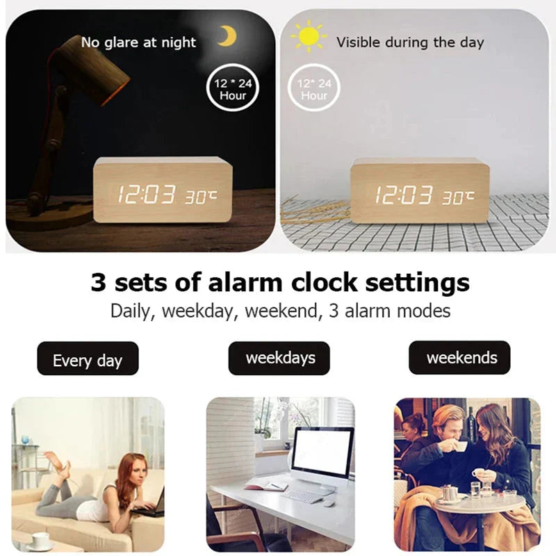Wooden Digital Alarm Clock, LED Alarm Clock with Temperature