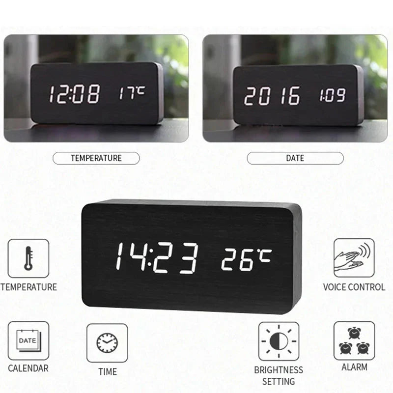 Wooden Digital Alarm Clock, LED Alarm Clock with Temperature