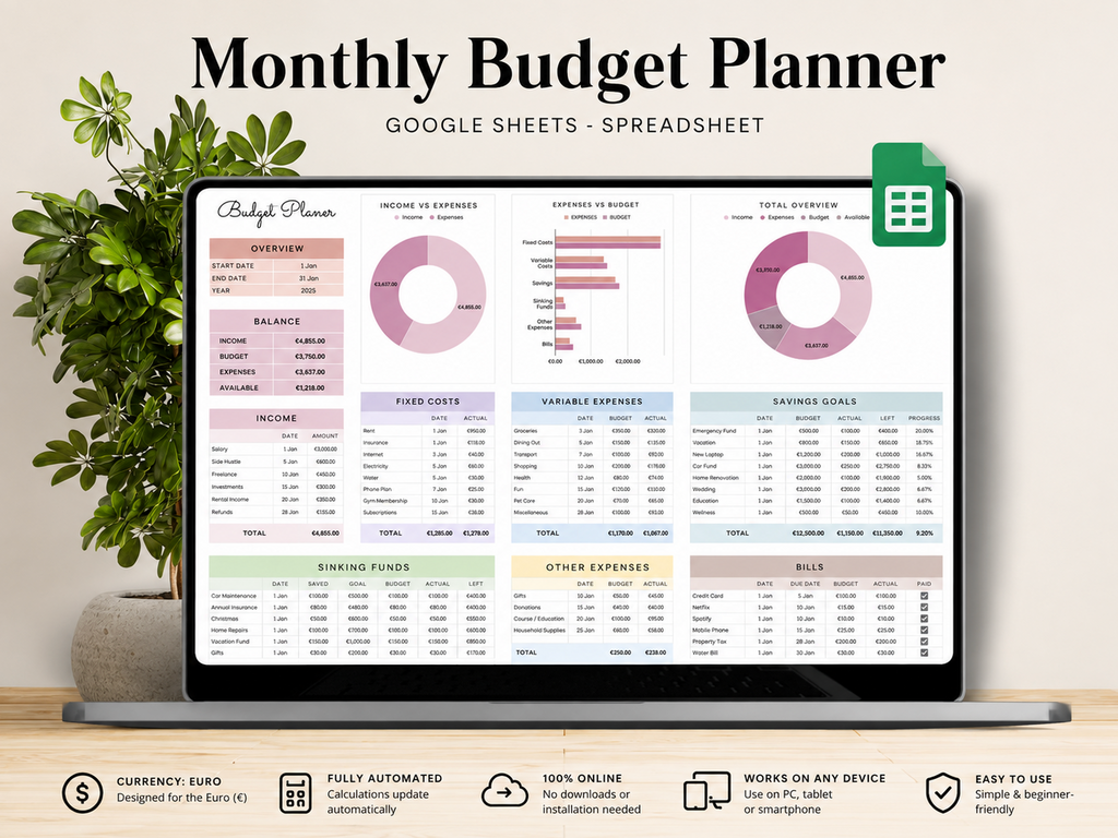 Monthly Budget Planner – English, Google Sheets,
