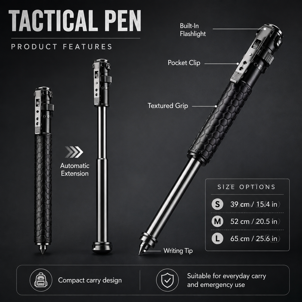 Tactical Pen Flashlight Self Defense Automatic Extension