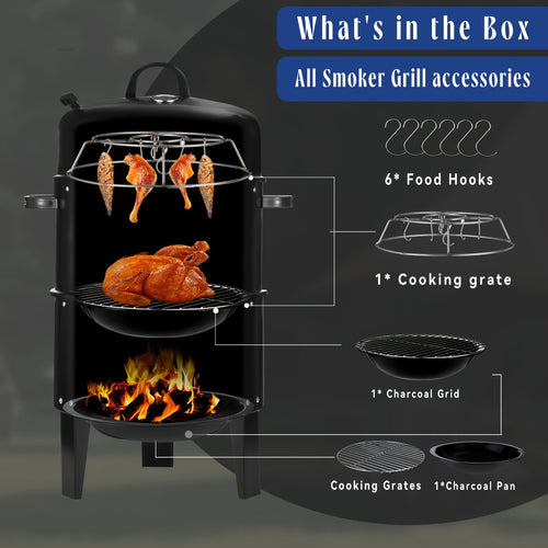 3-in-1 Charcoal Smoker Grill BBQ Fire Pit Portable Outdoor Camping Grill