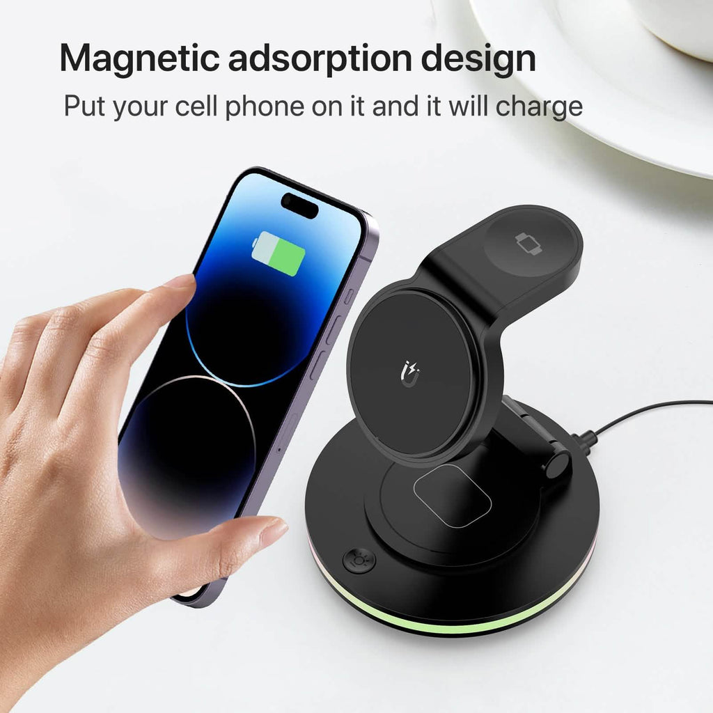 Foldable 4-in-1 Magnetic Wireless Charging Station with 7-Color Night Light for iPhone, Apple Watch & AirPods