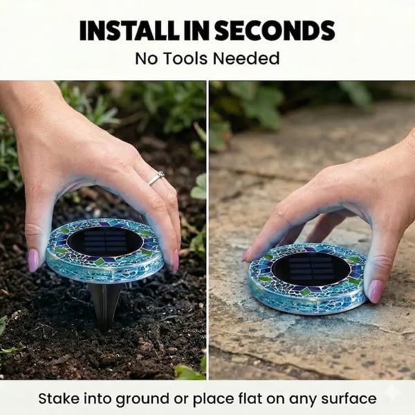 Mosaic Solar Disk Lights, Waterproof LED Outdoor In‑Ground Tabletop Lighting