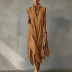 Women’s Cotton-Linen Sleeveless Solid-Color Shirt Dress