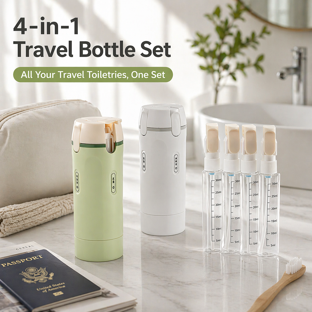 4-in-1 Travel Refillable Bottle Set – Compact Toiletry Dispenser
