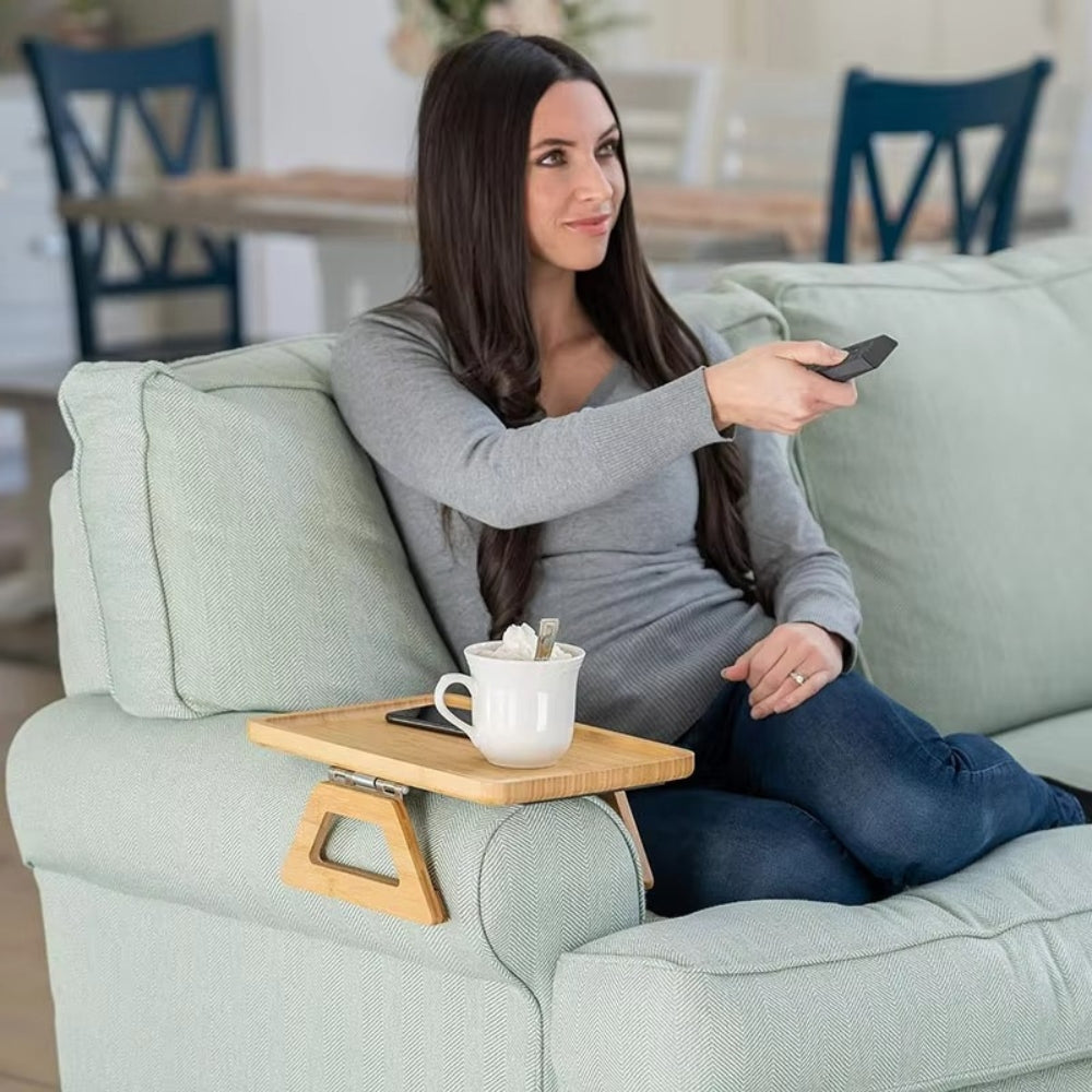 Bamboo Couch Armrest Tray with Clip-On Design