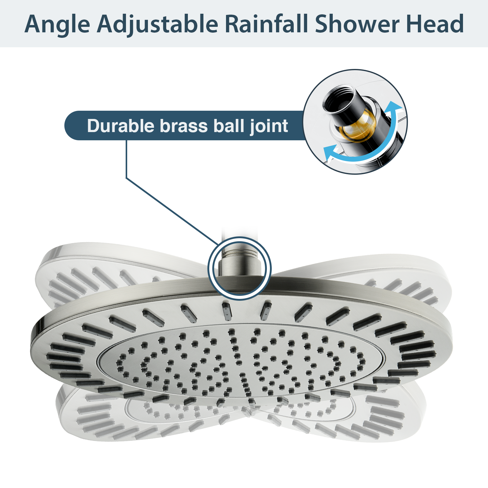 Bright Showers Waterfall Shower Head with Adjustable Angle and Anti-clogging Silicone Nozzles,9 inch