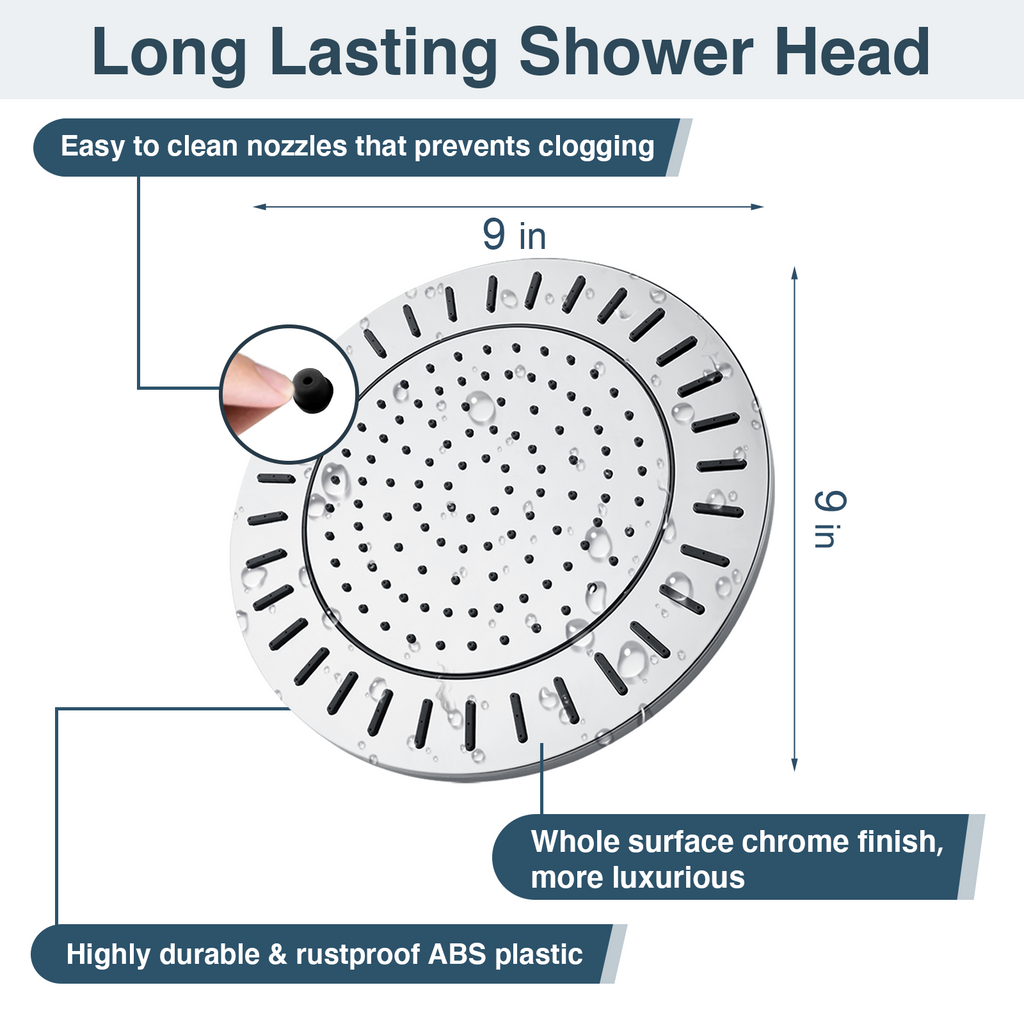 Bright Showers Waterfall Shower Head with Adjustable Angle and Anti-clogging Silicone Nozzles,9 inch