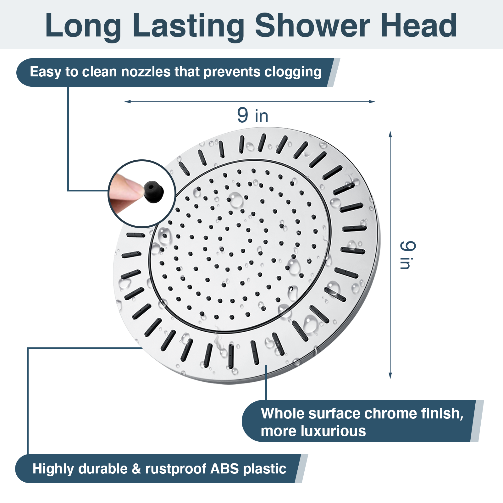 Bright Showers Waterfall Shower Head with Adjustable Angle and Anti-clogging Silicone Nozzles,9 inch