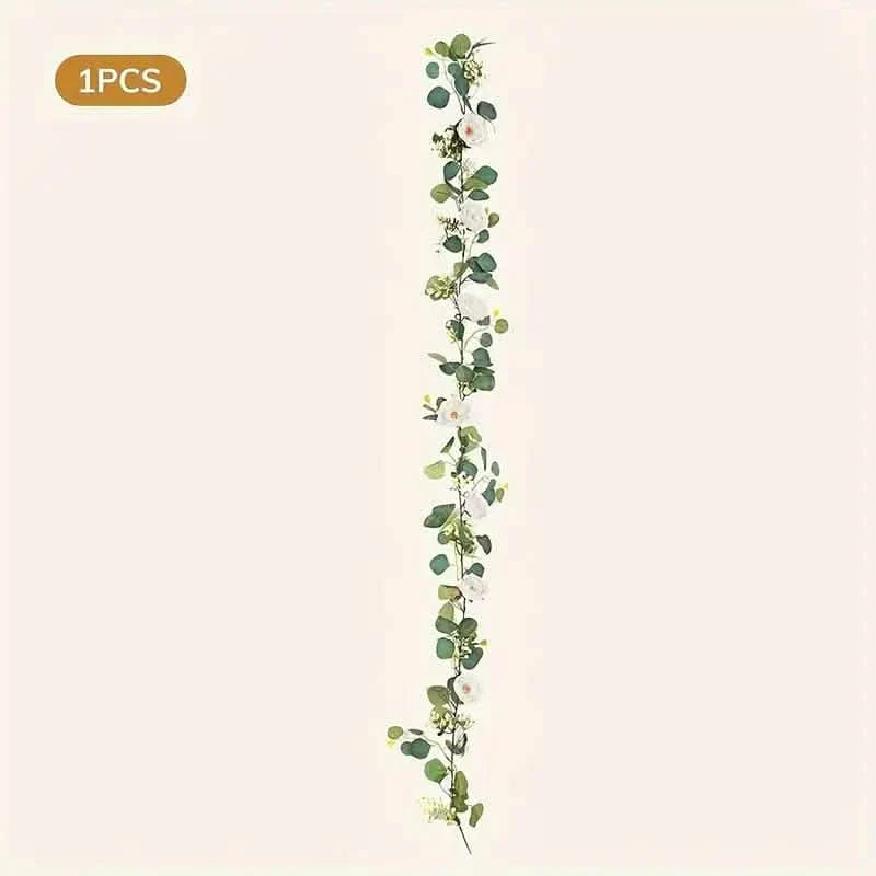 Artificial Eucalyptus Garland With Fake Roses & Gypsophila, Faux Floral Greenery