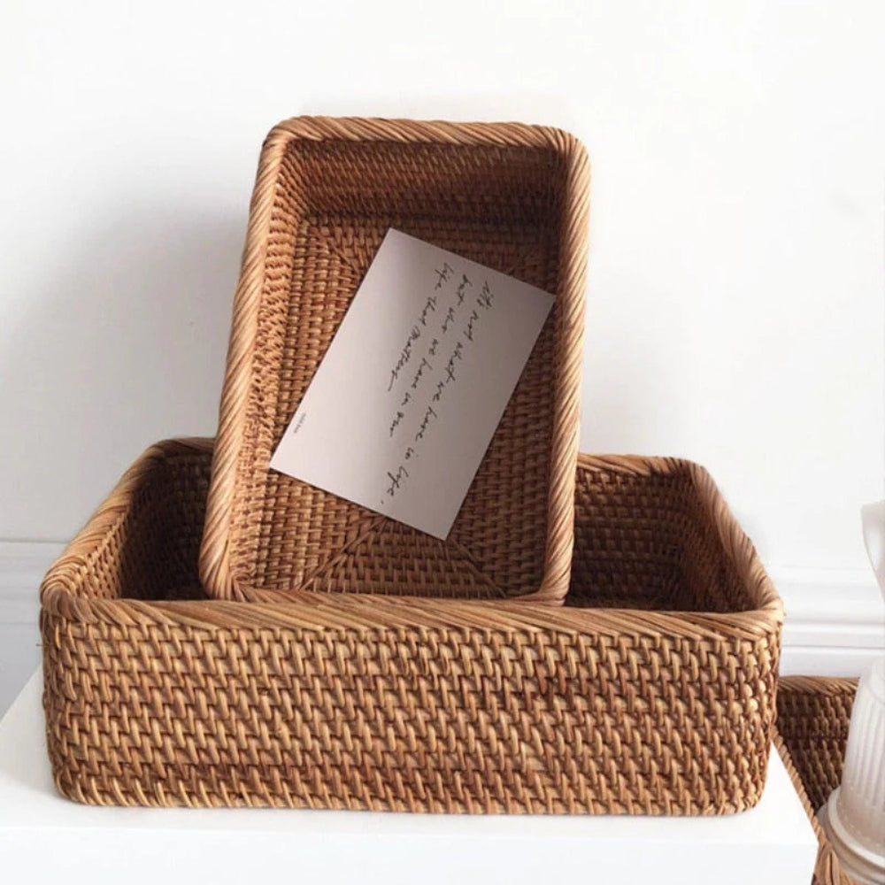 Handwoven Rectangular Rattan Organizer Basket