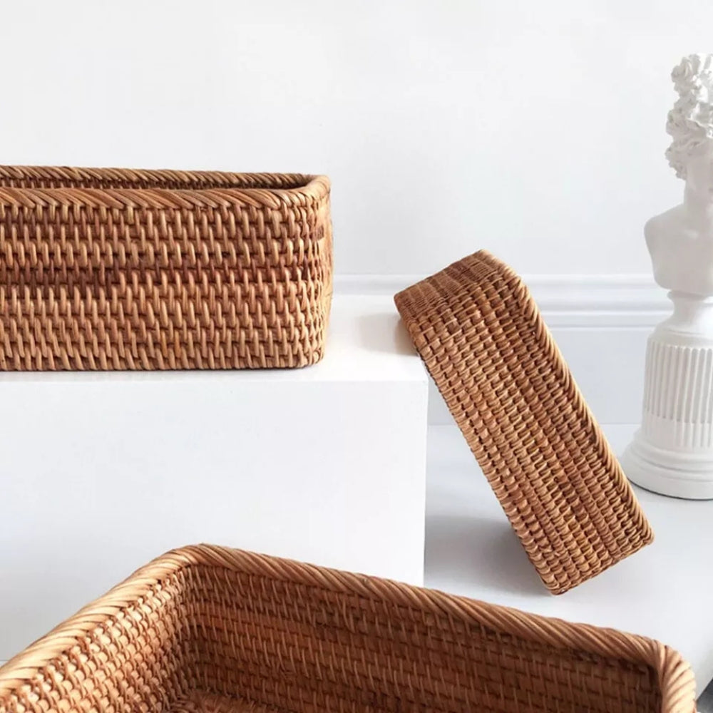 Handwoven Rectangular Rattan Organizer Basket