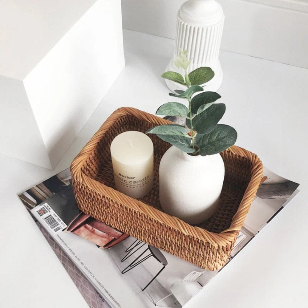 Handwoven Rectangular Rattan Organizer Basket