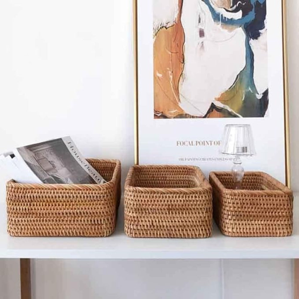 Handwoven Rectangular Rattan Organizer Basket
