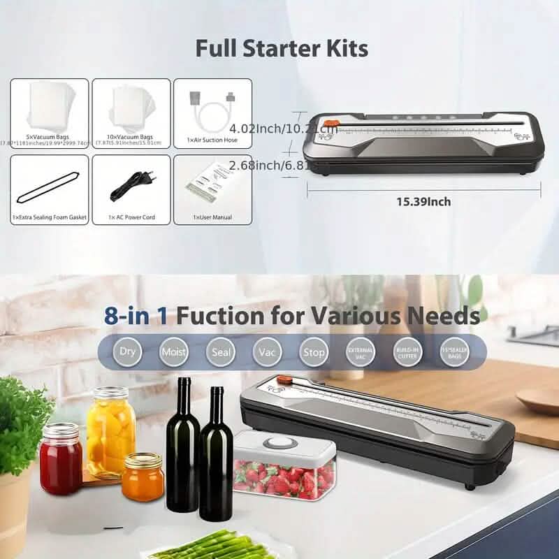 Automatic One-Touch Food Vacuum Sealer 5 Modes with 15 Sealer Bags and Built-in Cutter