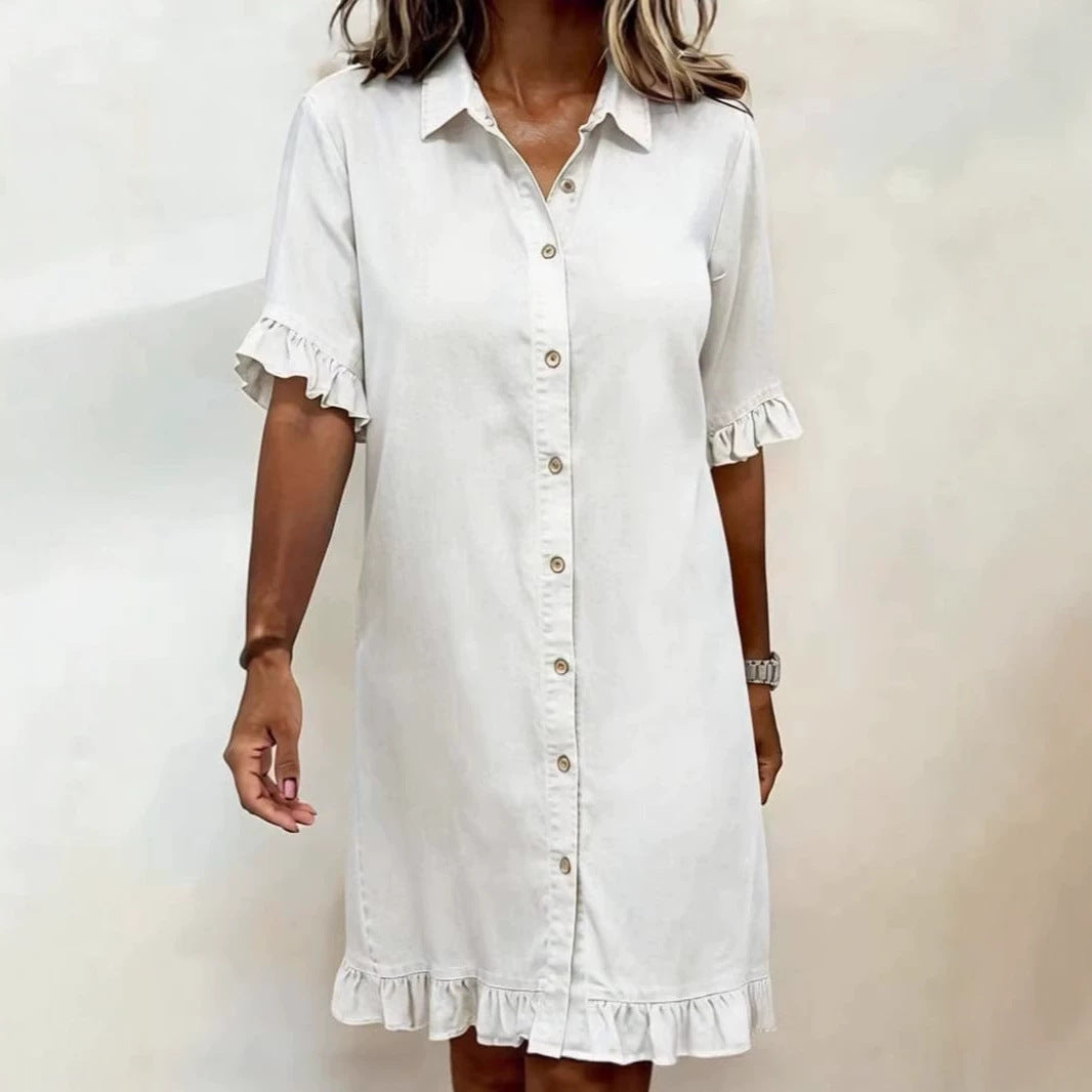 Women's Faux Denim Ruffle-Sleeve Shirt Dress