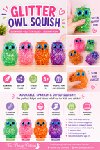 Glitter Crystal Owl Squishy Toy | Slow Rise Sensory Fidget | Stress Relief Squeeze Toy for Kids & Adults