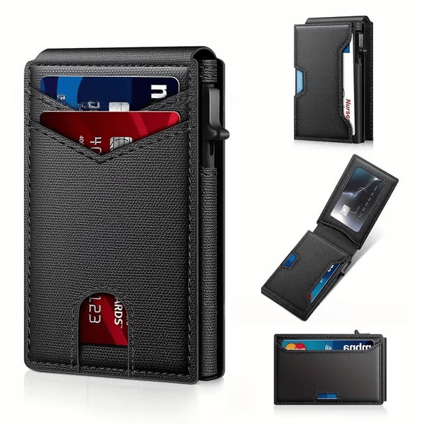 Premium Aluminum RFID Blocking Minimalist Wallet for Men – Pop-Up Quick Access Card Holder with ID Window