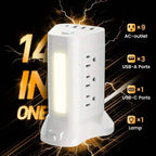 14-in-1 Power Strip Tower with 4 USB Ports & 9 AC Outlets, 10ft Extension Cable, Adjustable 3-Color Night Light