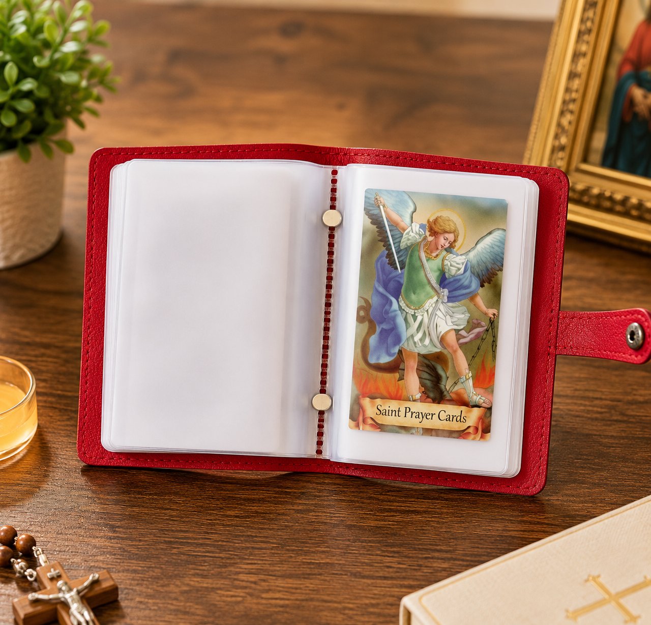 Catholic Faux Leather Holy Card Holder – Pocket Prayer Card Organizer with Snap Closure