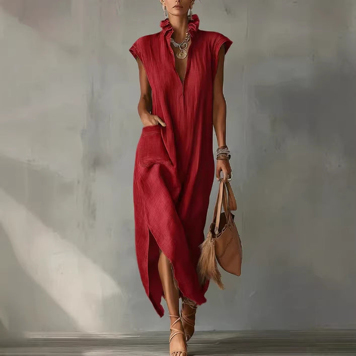 Women’s Cotton-Linen Sleeveless Solid-Color Shirt Dress