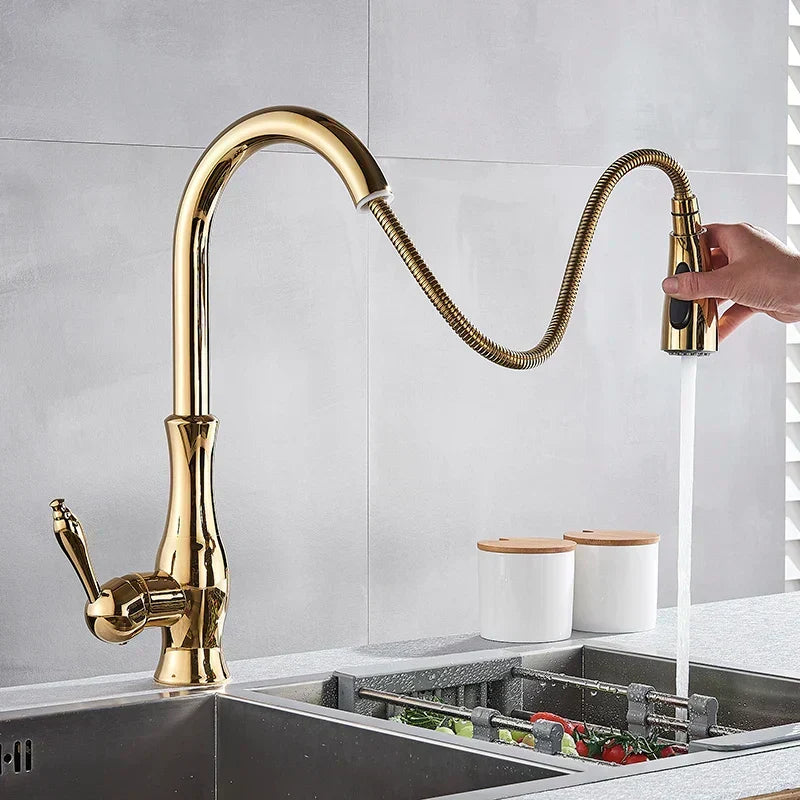 Elegant gold kitchen faucet with pull-down spray