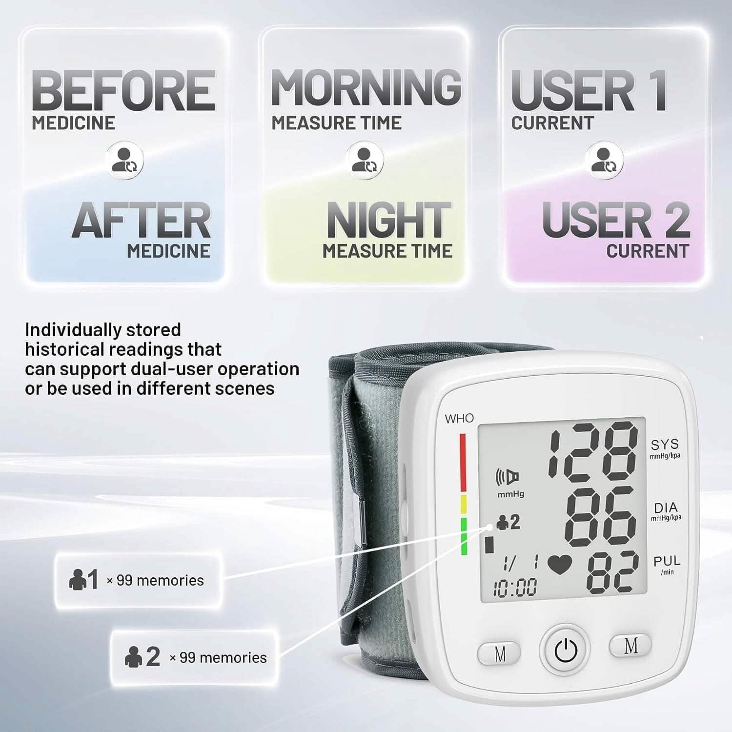 Blood Pressure Monitor Digital Wrist BP Machine Automatic BP Cuff with 2 Users 180 Memory Voice Large LCD Display
