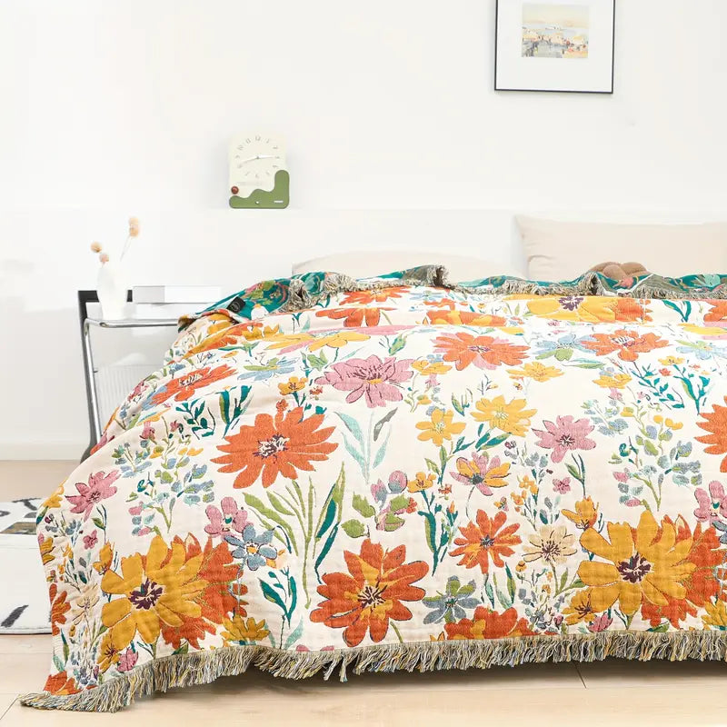 All-Season Cotton Blanket with Vibrant Floral Design
