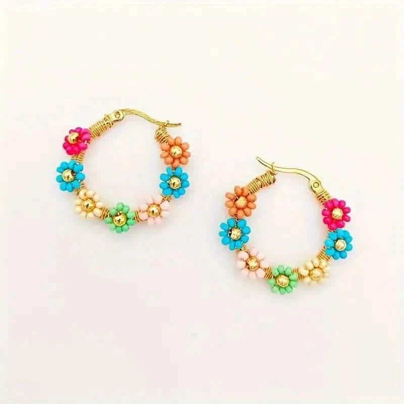 Bohemian Style Stainless Steel Beaded Flower Decor Hoop Earrings