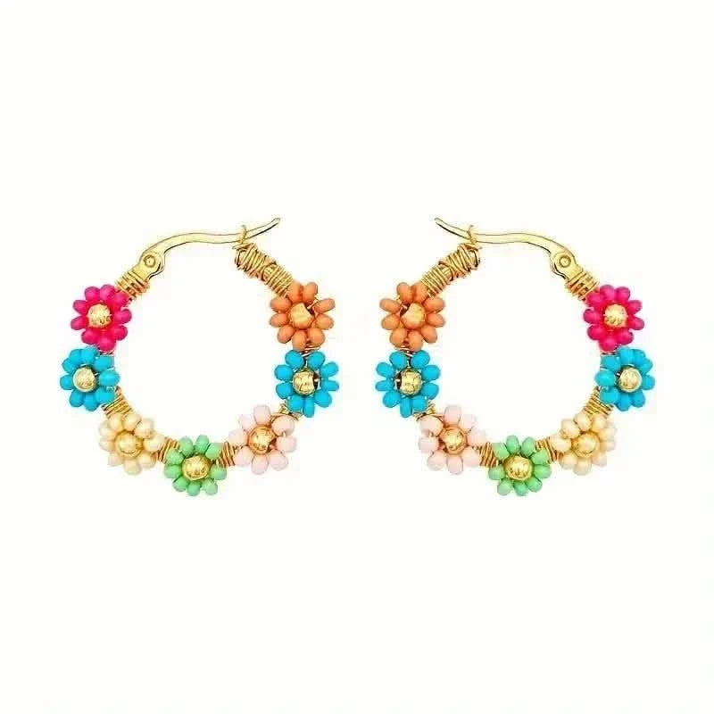 Bohemian Style Stainless Steel Beaded Flower Decor Hoop Earrings