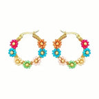 Bohemian Style Stainless Steel Beaded Flower Decor Hoop Earrings