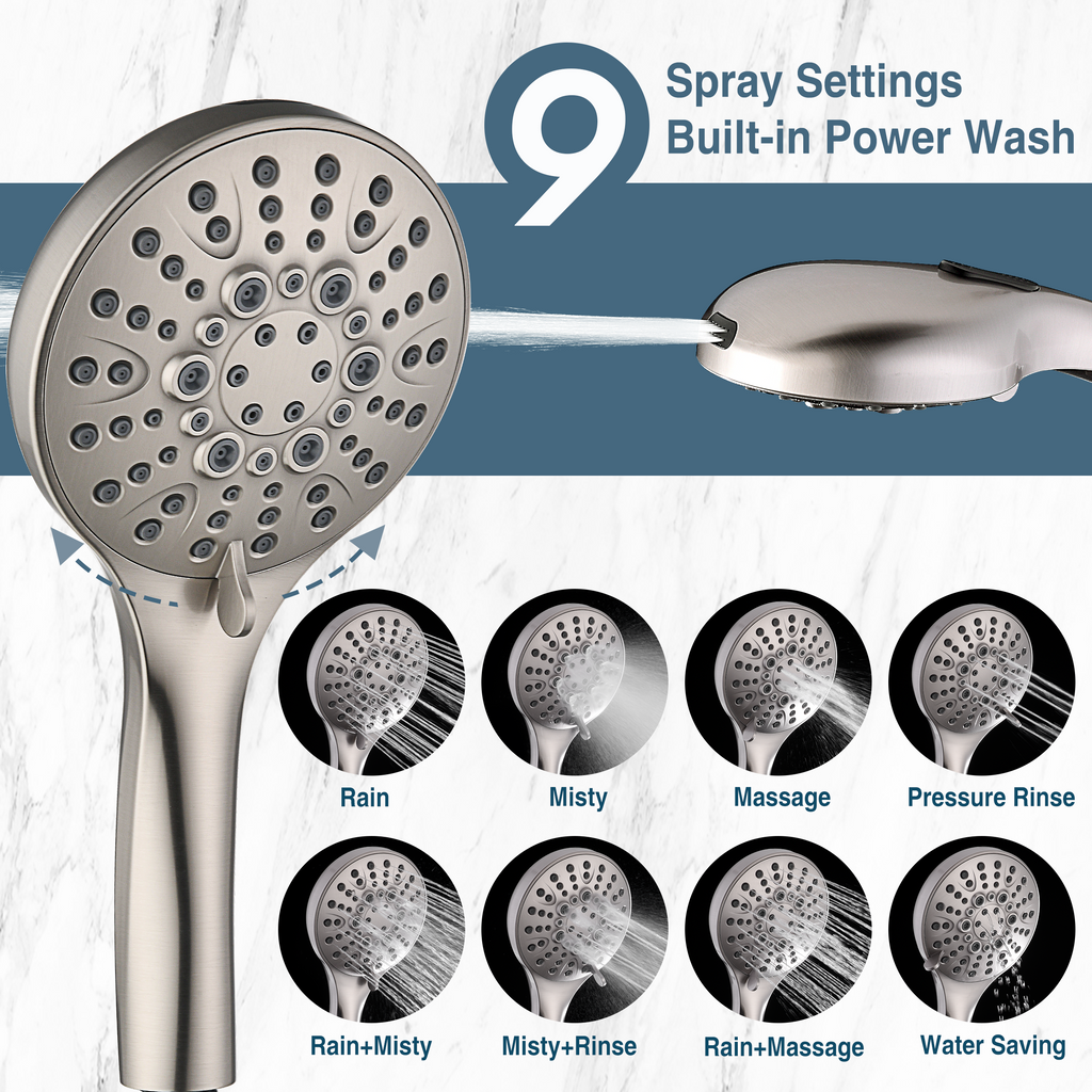 Handheld Shower Head, 9-Spray Showerhead with 69" Hose, Bracket