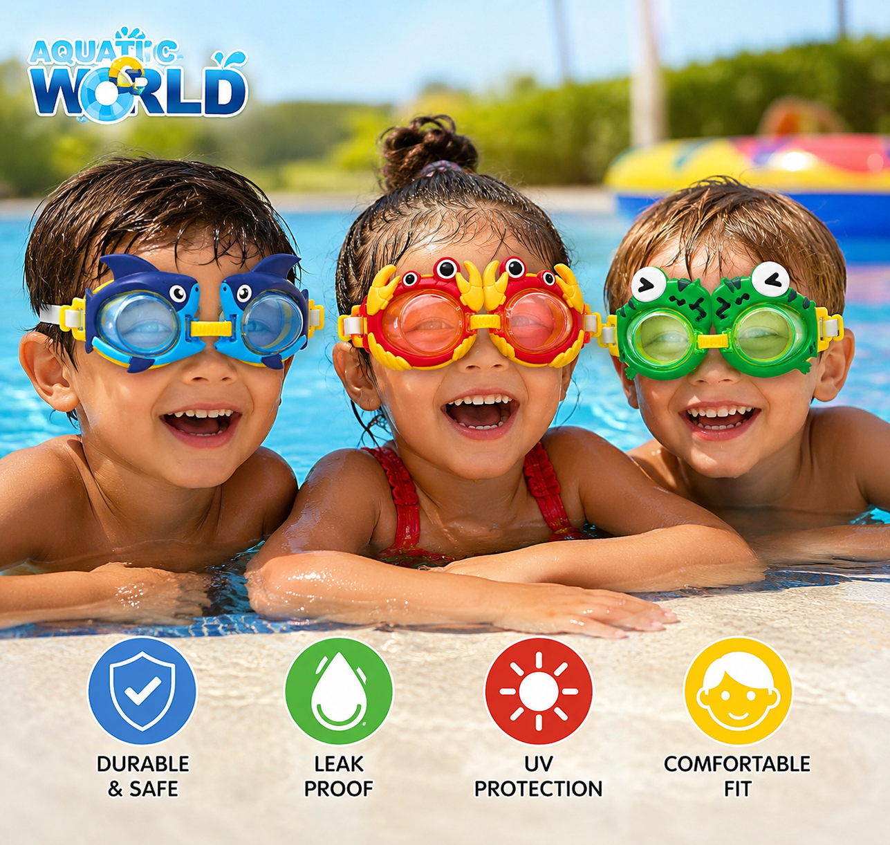 3-Pack Kids Novelty Character Adjustable Swim Goggles, Ages 5+