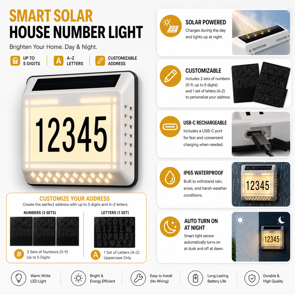 Solar LED Address Sign – Waterproof House Number Plaque, Customizable Numbers & Letters, Auto Dusk-to-Dawn Light, 8.1 x 6.9 Inches