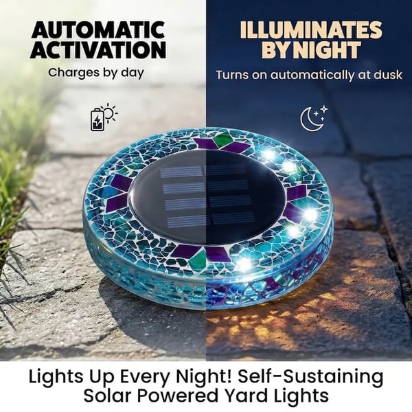 Mosaic Solar Disk Lights, Waterproof LED Outdoor In‑Ground Tabletop Lighting
