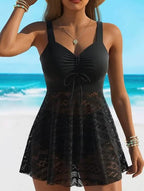 Women's V-Neck Lace-Up Tankini Set with Shorts – Solid Color