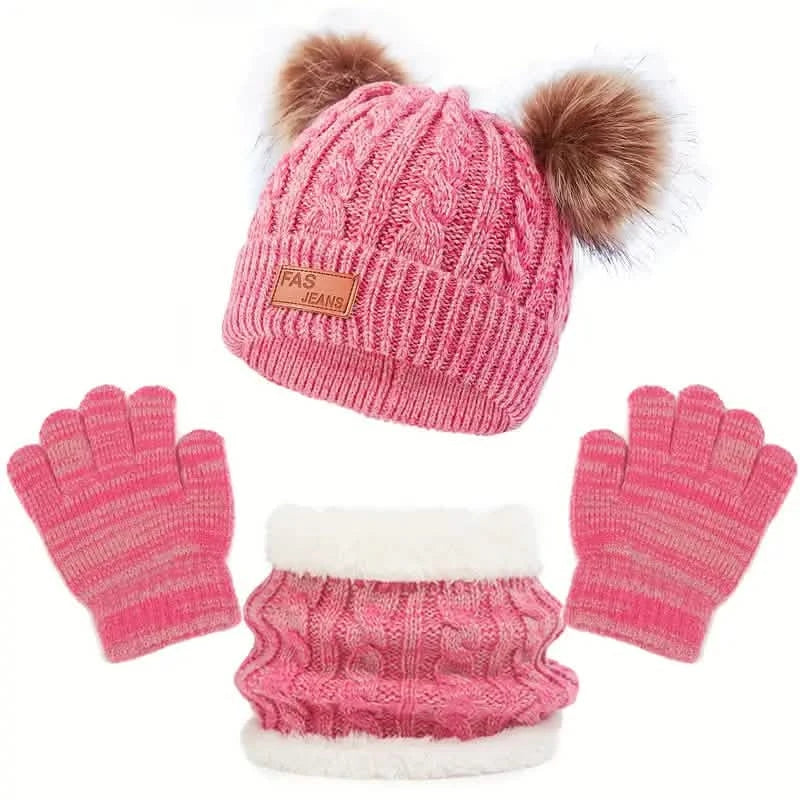 Children's Winter Knitted Wool Lining Warm Hat, Scarf, Glove Set For 2-5 Year Old Boys And Girls