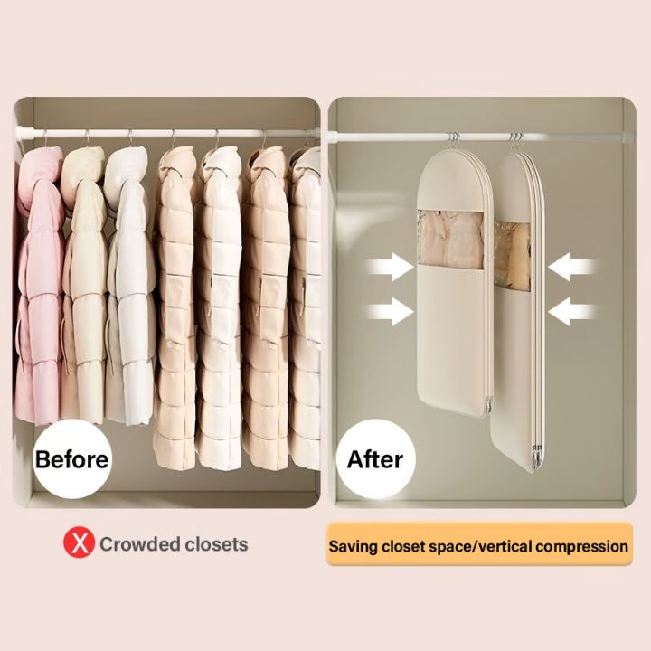 Hanging garment organizer with automatic compression