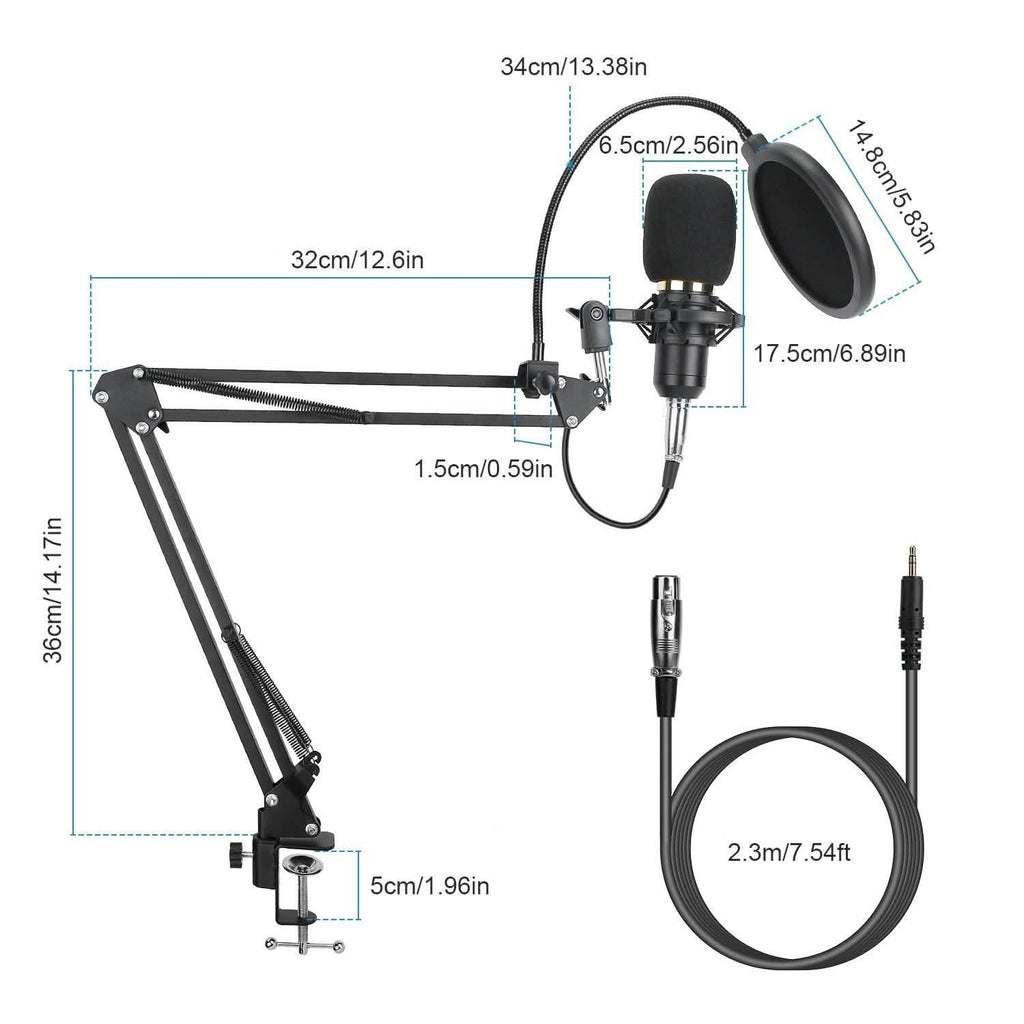 Condenser Microphone Bundle Shock Mount with Adjustable Boom Arm Sound Card