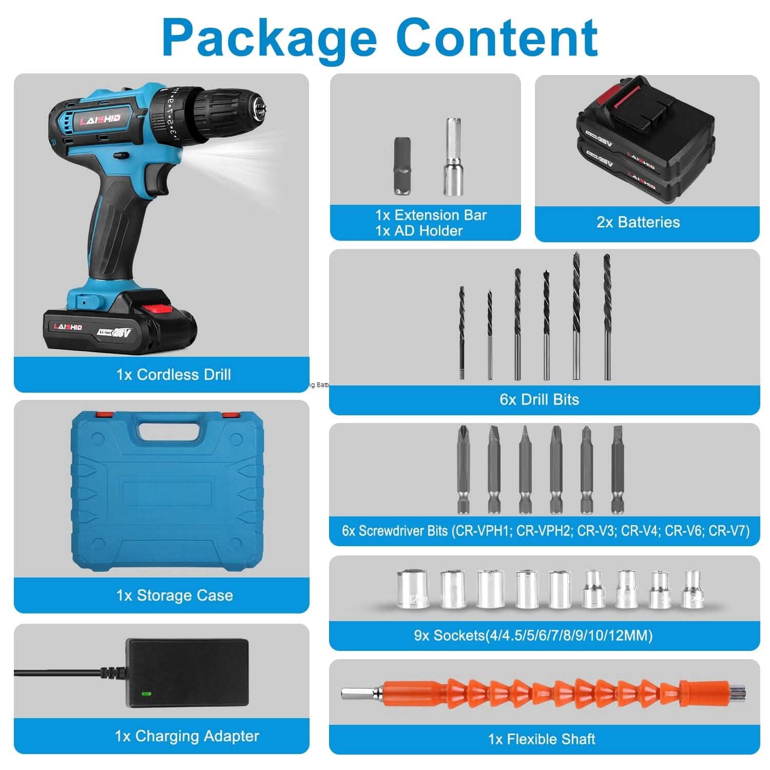 Cordless Drill Set with 2 Pieces 8V Batteries and Charger 2 Variable Speed 3/8In Keyless Chuck