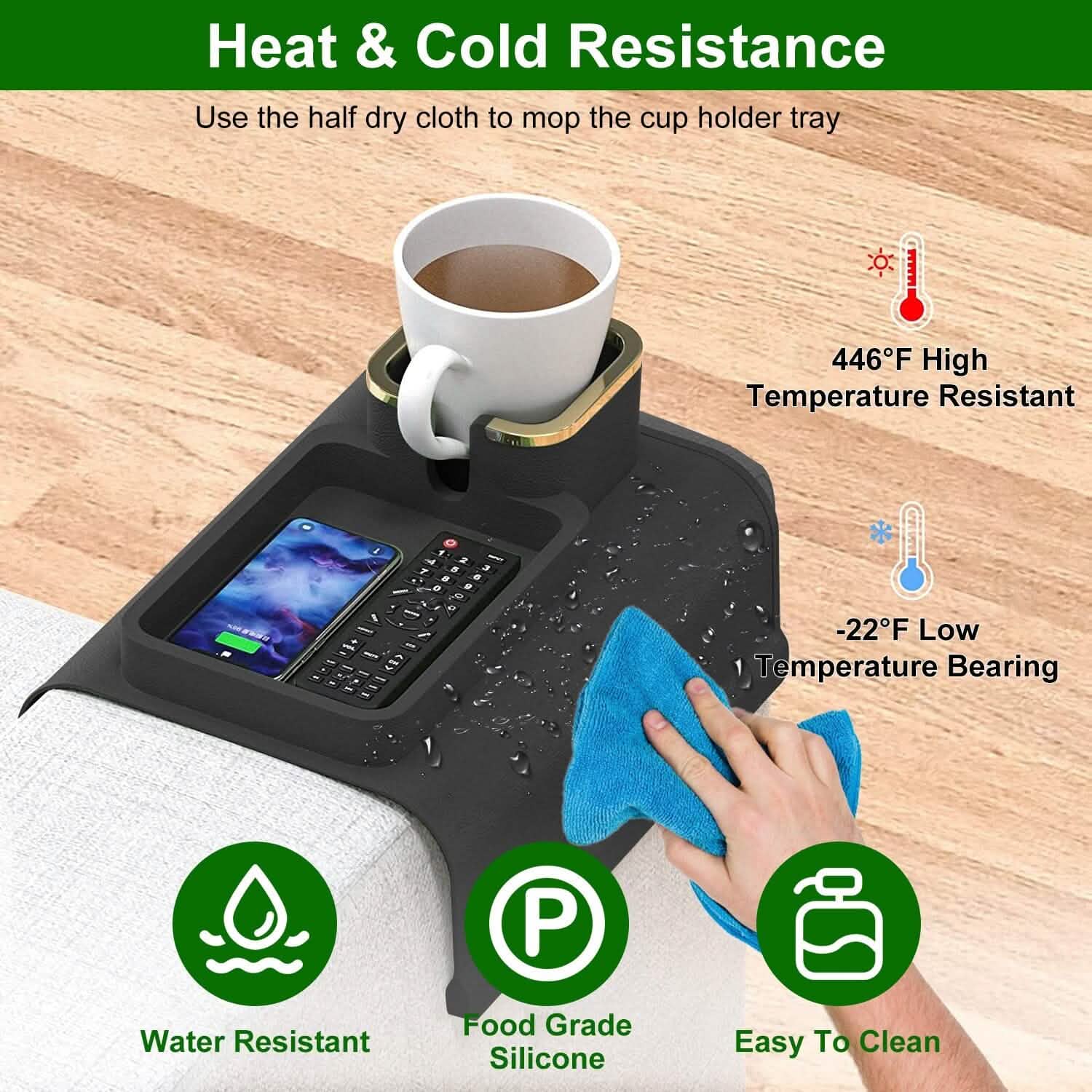 Couch Arm Cup Holder Tray Anti-spill Anti-slip Silicone Armrest Remote Snack Organizer