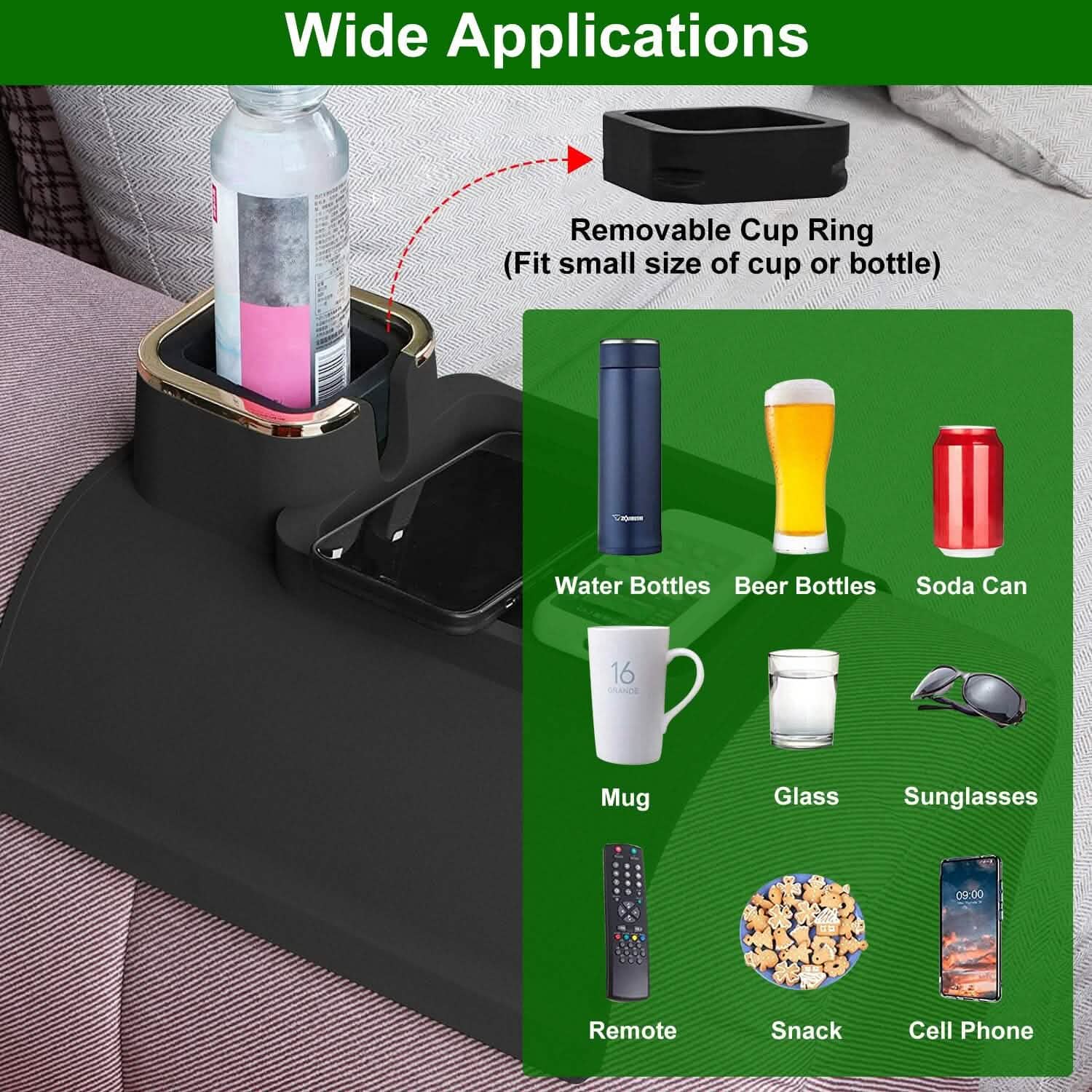 Couch Arm Cup Holder Tray Anti-spill Anti-slip Silicone Armrest Remote Snack Organizer