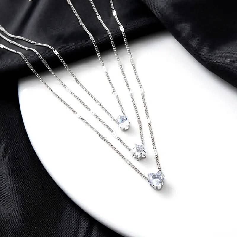 Crystal Zirconia Heart Star Charm Layered Pendant Necklace