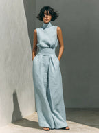 Women’s Cotton Linen Two-Piece Set – Sleeveless Top & Wide-Leg Pants